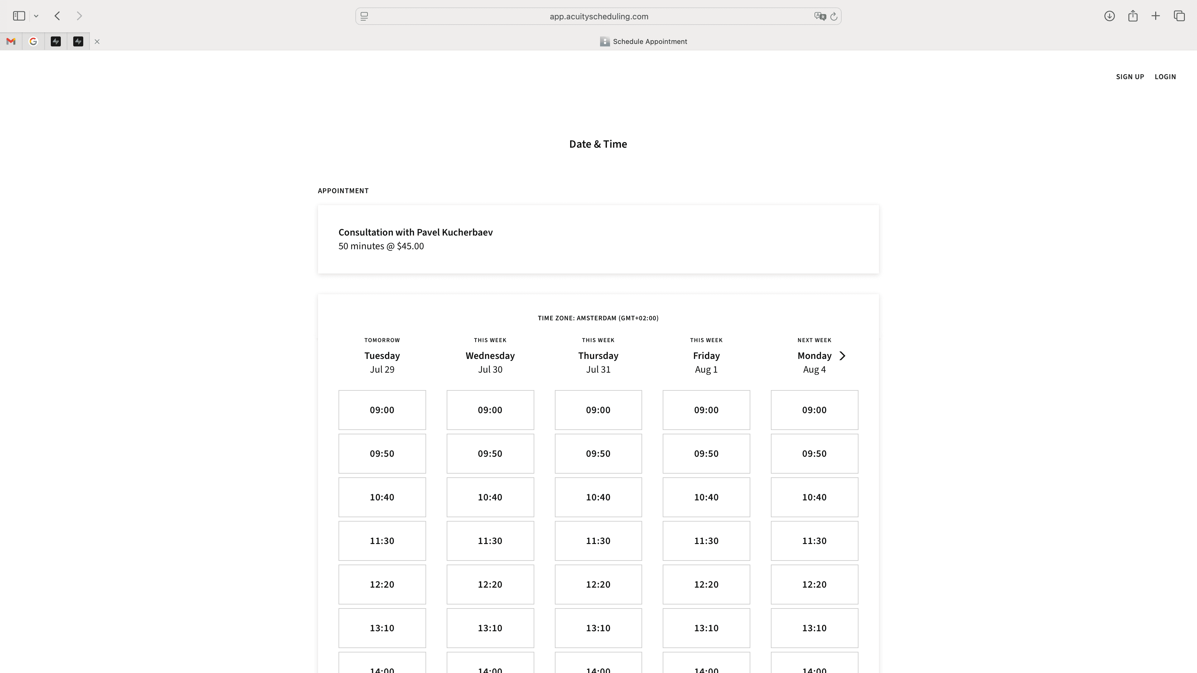 Acuity Scheduling service-oriented interface with appointment details and grid-based time selection