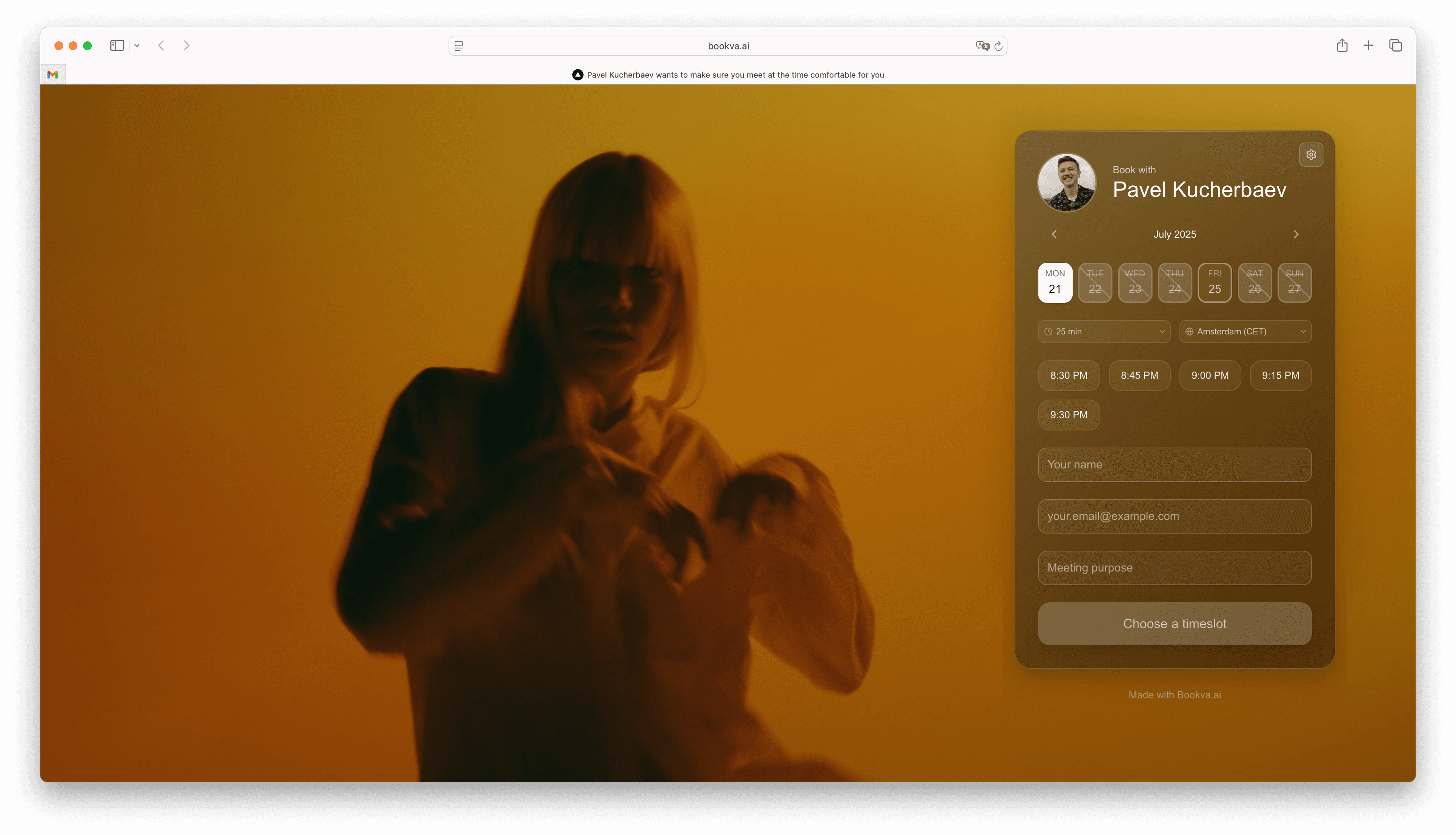 Bookva.ai booking interface showing warm background with elegant booking widget