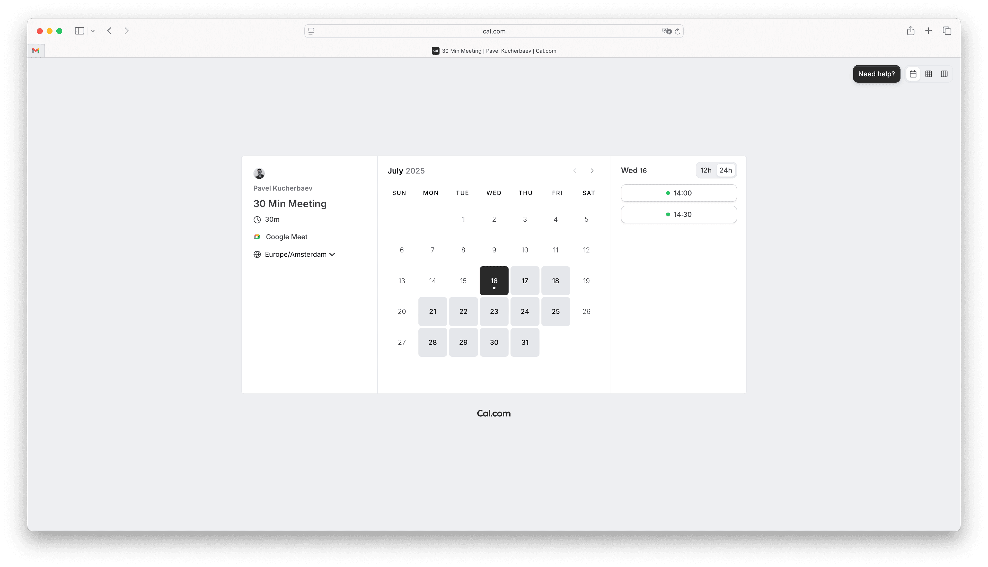 Cal.com clean, minimal interface with three-panel layout for date and time selection