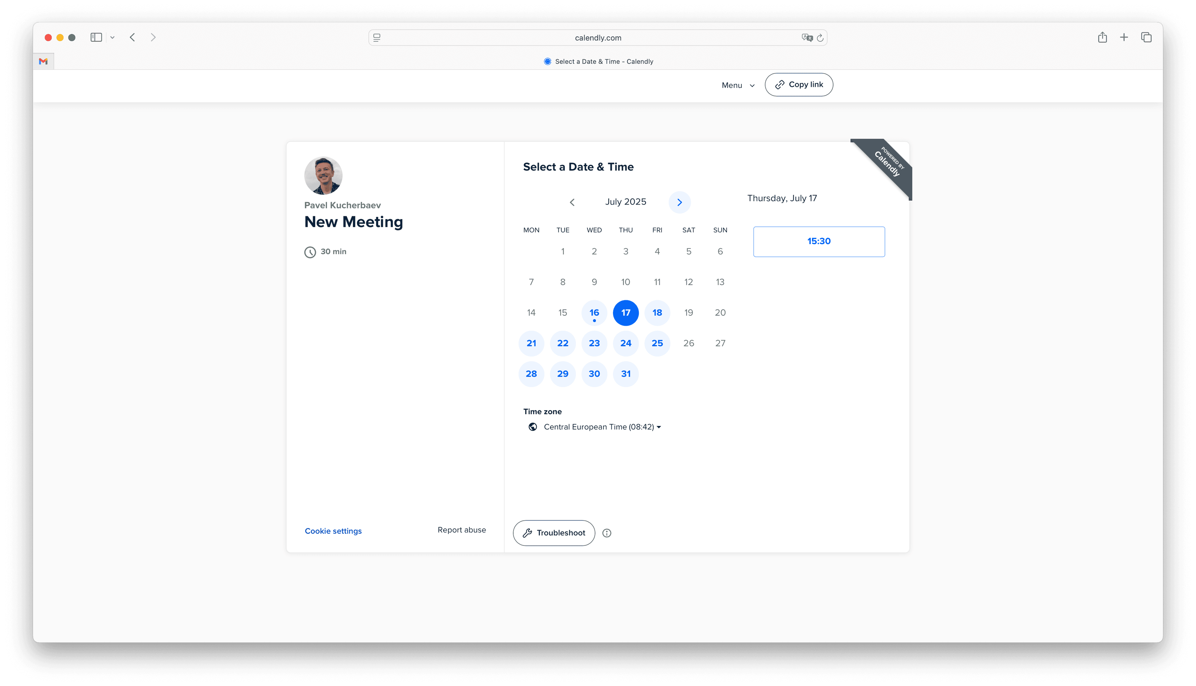 Calendly professional calendar interface with meeting details and time slot selection
