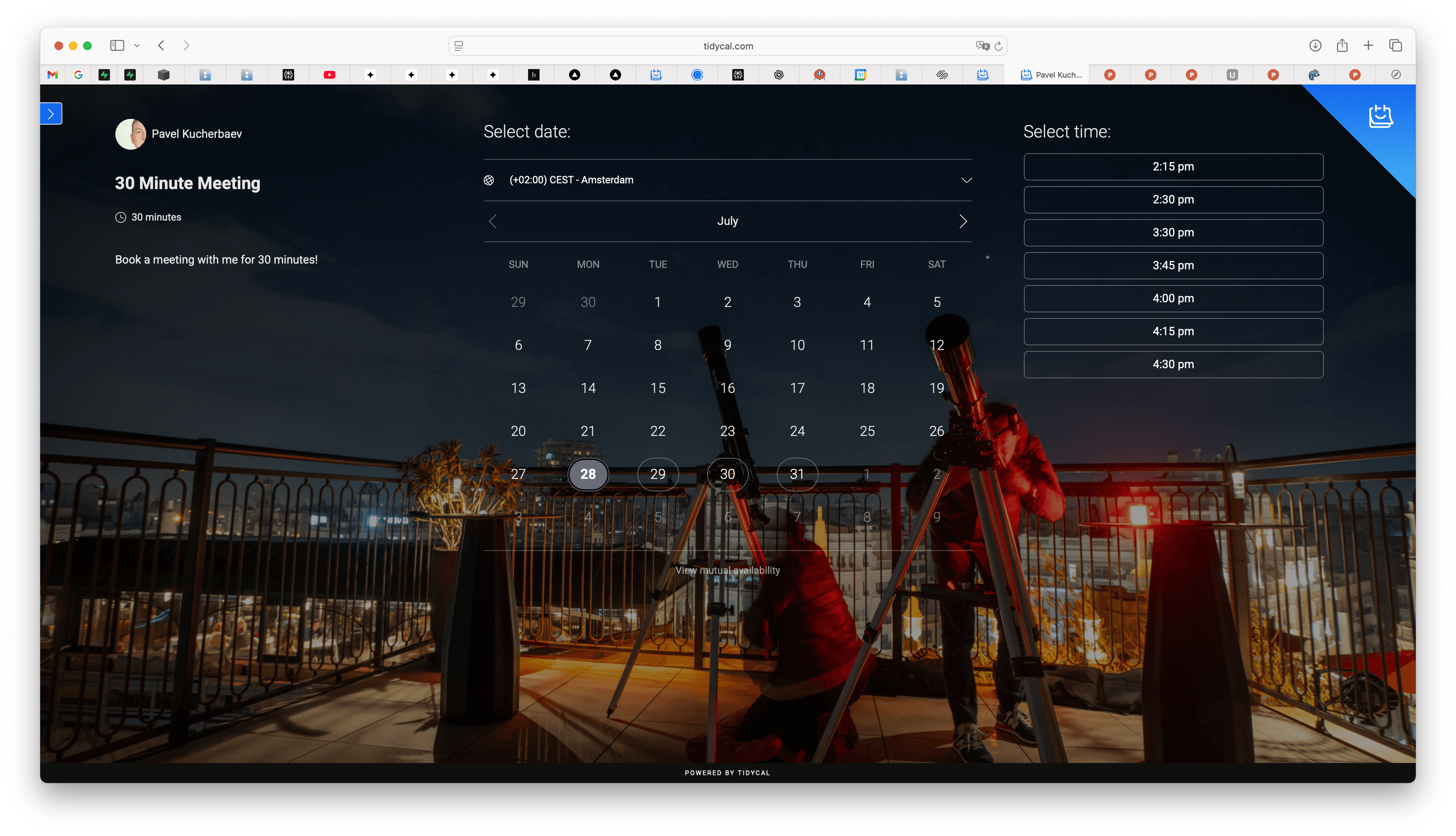 TidyCal atmospheric interface with dark background and clean time slot selection